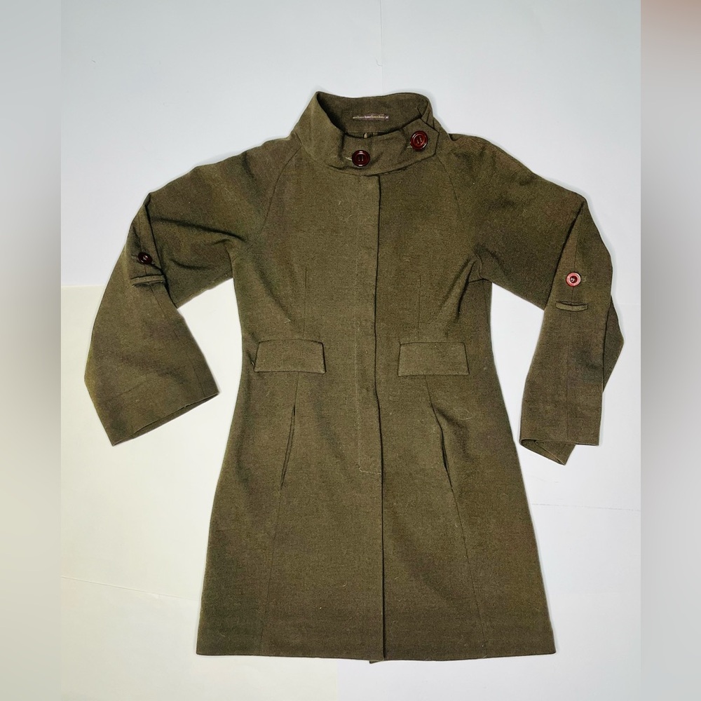 HAZEL Designer Long Jacket Blazer M Soft Styled Military Green Brown 3/4 Sleeve